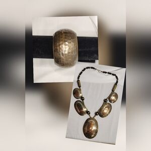 Vintage Mixed Metals Bib Statement Necklace and matching hammered bangle
